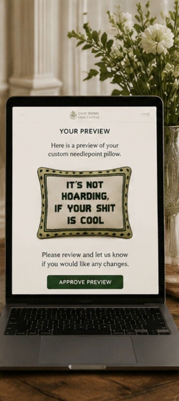 Digital preview of a personalized needlepoint pillow before handmade production begins