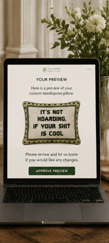 Digital preview of a personalized needlepoint pillow before handmade production begins