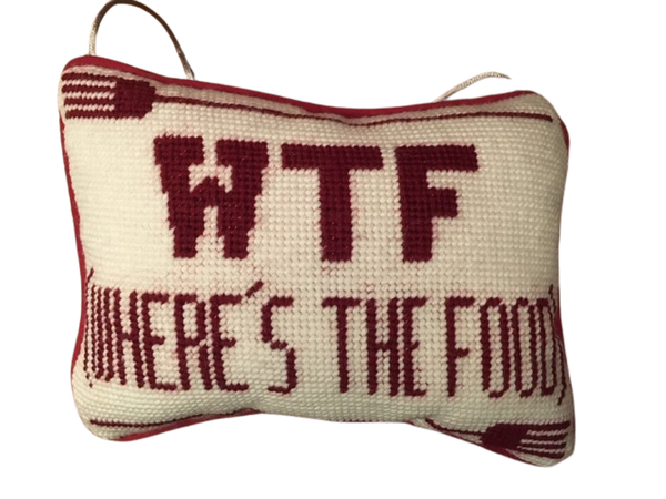 Handmade Needlepoint Pillow as a doorhanger " Where is the Food ? "