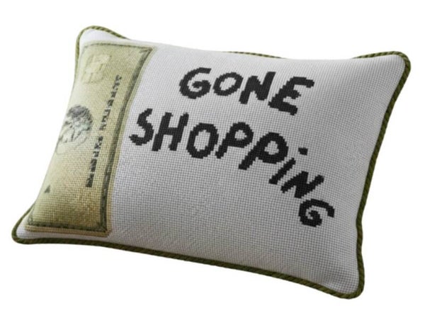 Handmade Needlepoint Pillow "Gone Shopping"