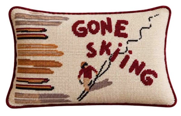 Handmade Needlepoint Pillow "Gone Skiing"