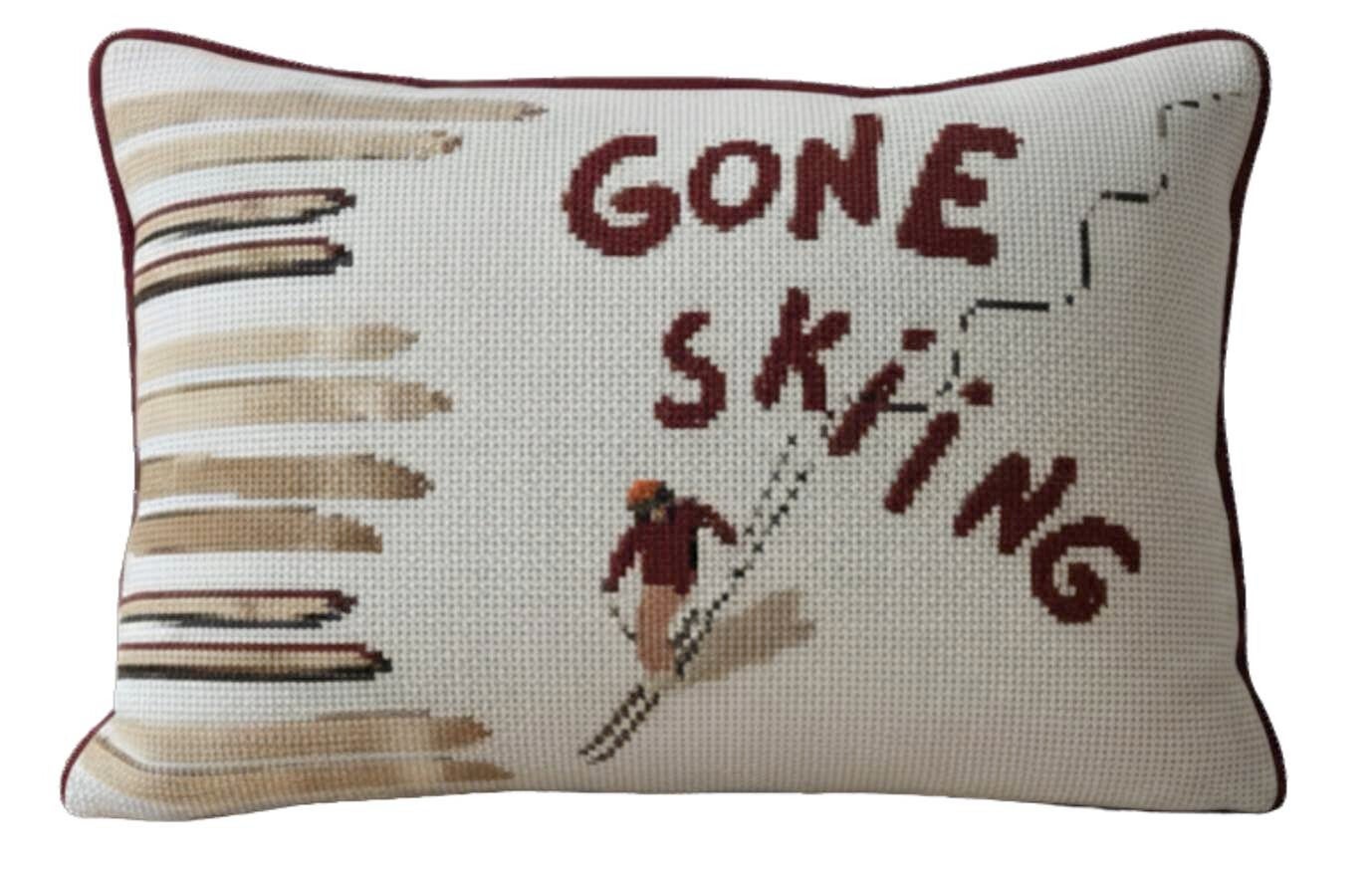 Handmade Needlepoint Pillow "Gone Skiing"