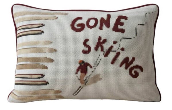 Handmade Needlepoint Pillow "Gone Skiing"