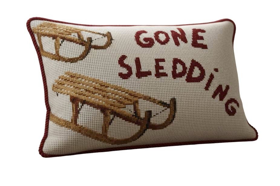 Handmade Needlepoint Pillow "Gone Sledding"