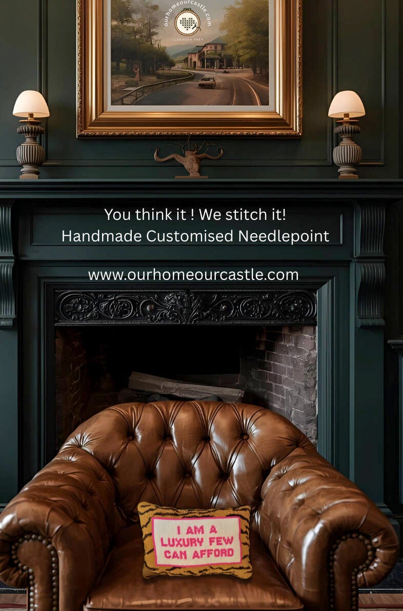 French country interior styling with elegant handmade needlepoint pillows and timeless rustic decor
