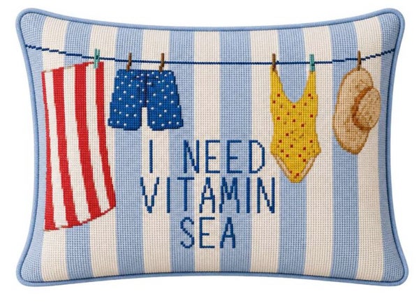 Handmade Needlepoint Pillow "I Need Vitamin Sea ..."