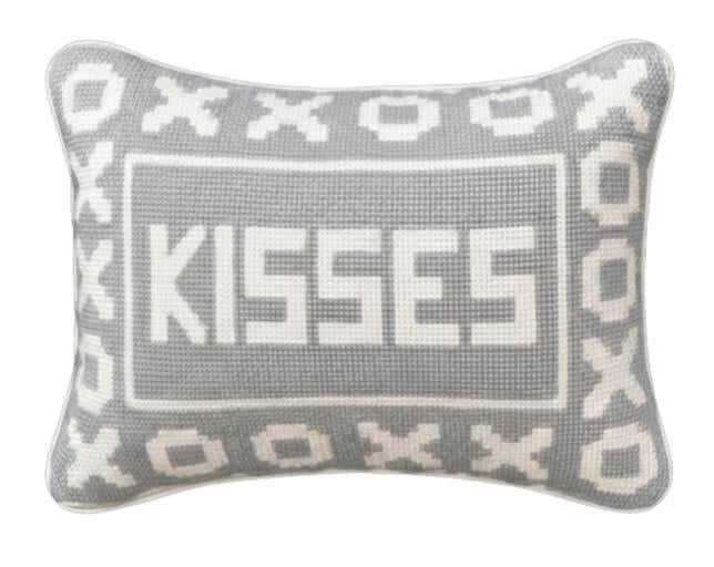 Handmade Needlepoint Pillow Pair "Hugs and Kisses - grey"