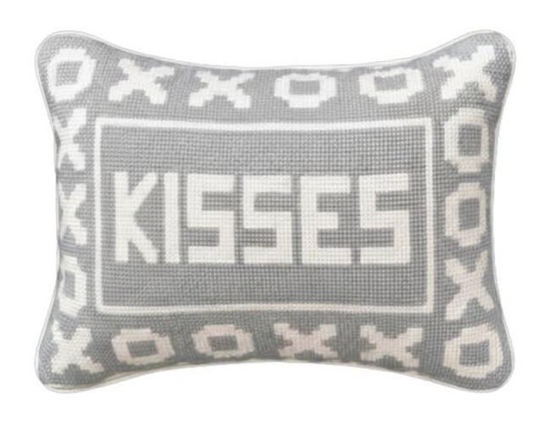 Handmade Needlepoint Pillow Pair "Hugs and Kisses - grey"