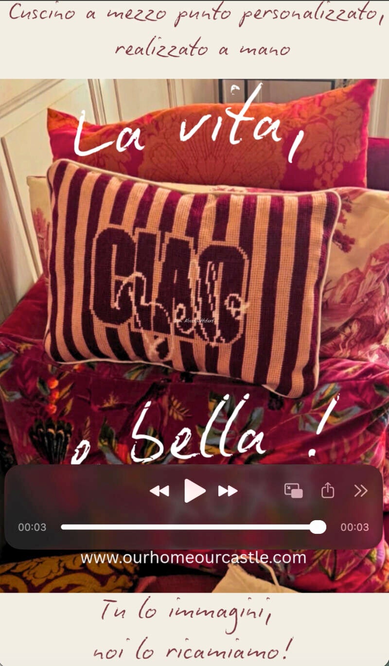 Vintage-inspired handmade cushion with humorous embroidered quote in cozy interior