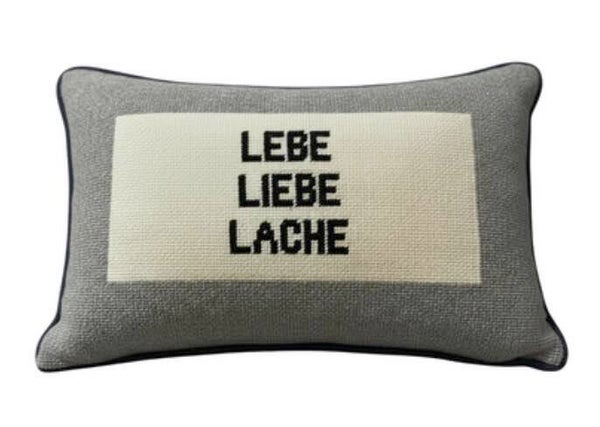 Handmade Needlepoint Pillow "Liebe, Lebe, Lache"