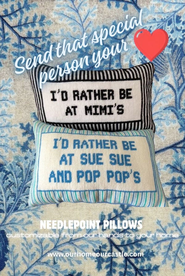 Handmade Needlepoint Pillow "I'd rather be at ...."