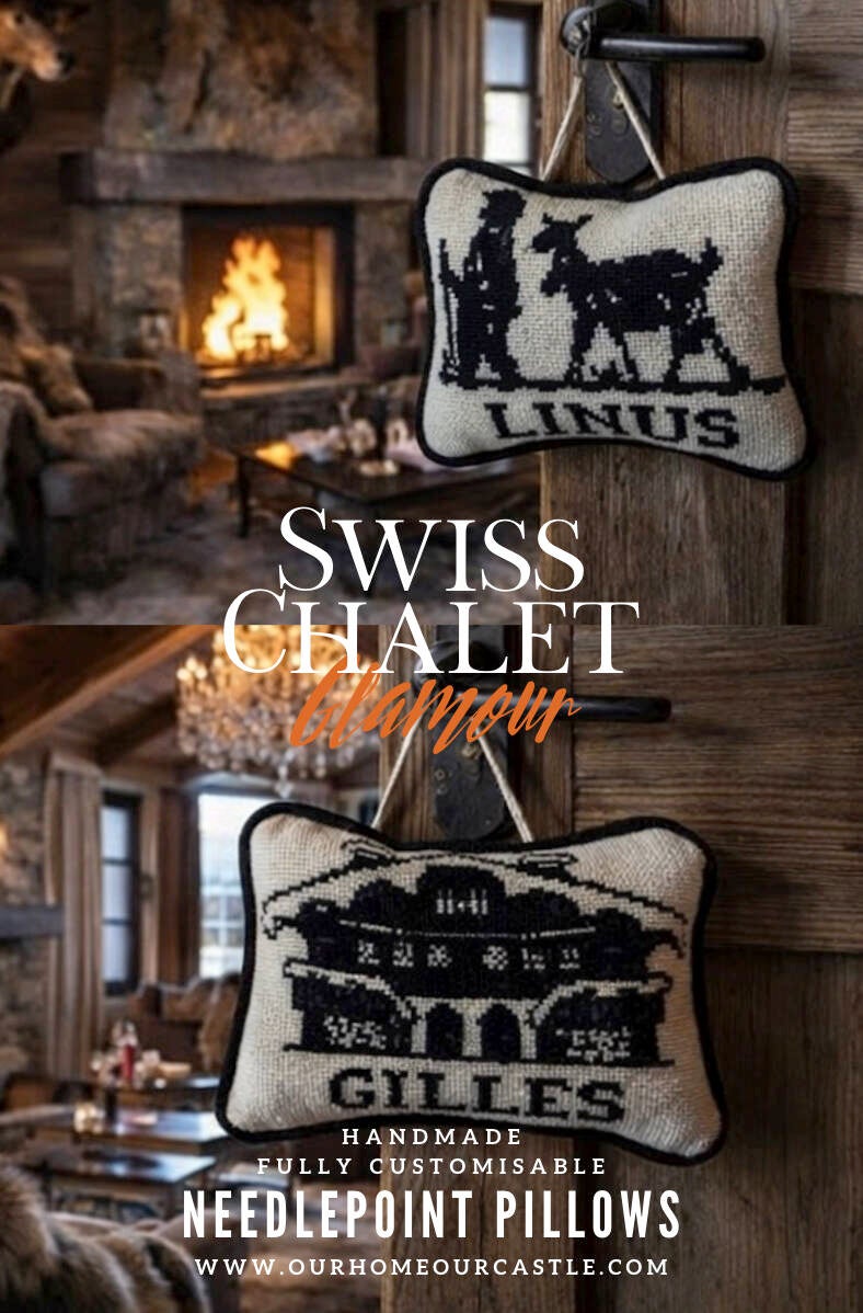 Swiss chalet style living room with alpine decor and handmade needlepoint accent pillows