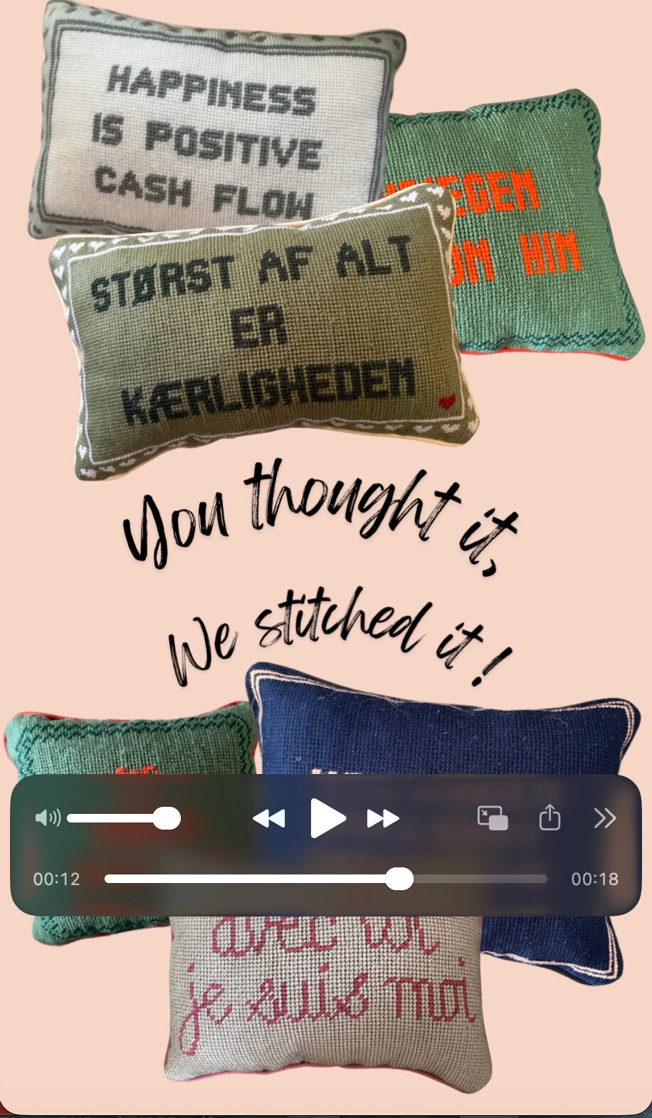 Close-up of artisan needlepoint stitching process for a handmade decorative pillow