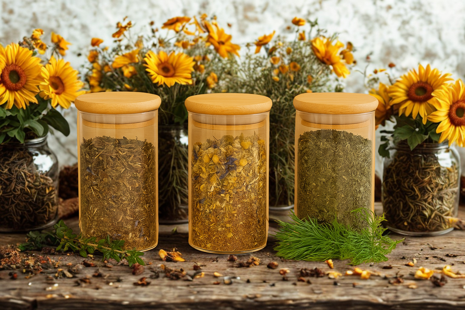 3 glazenpotjes gevuld met theekruiden