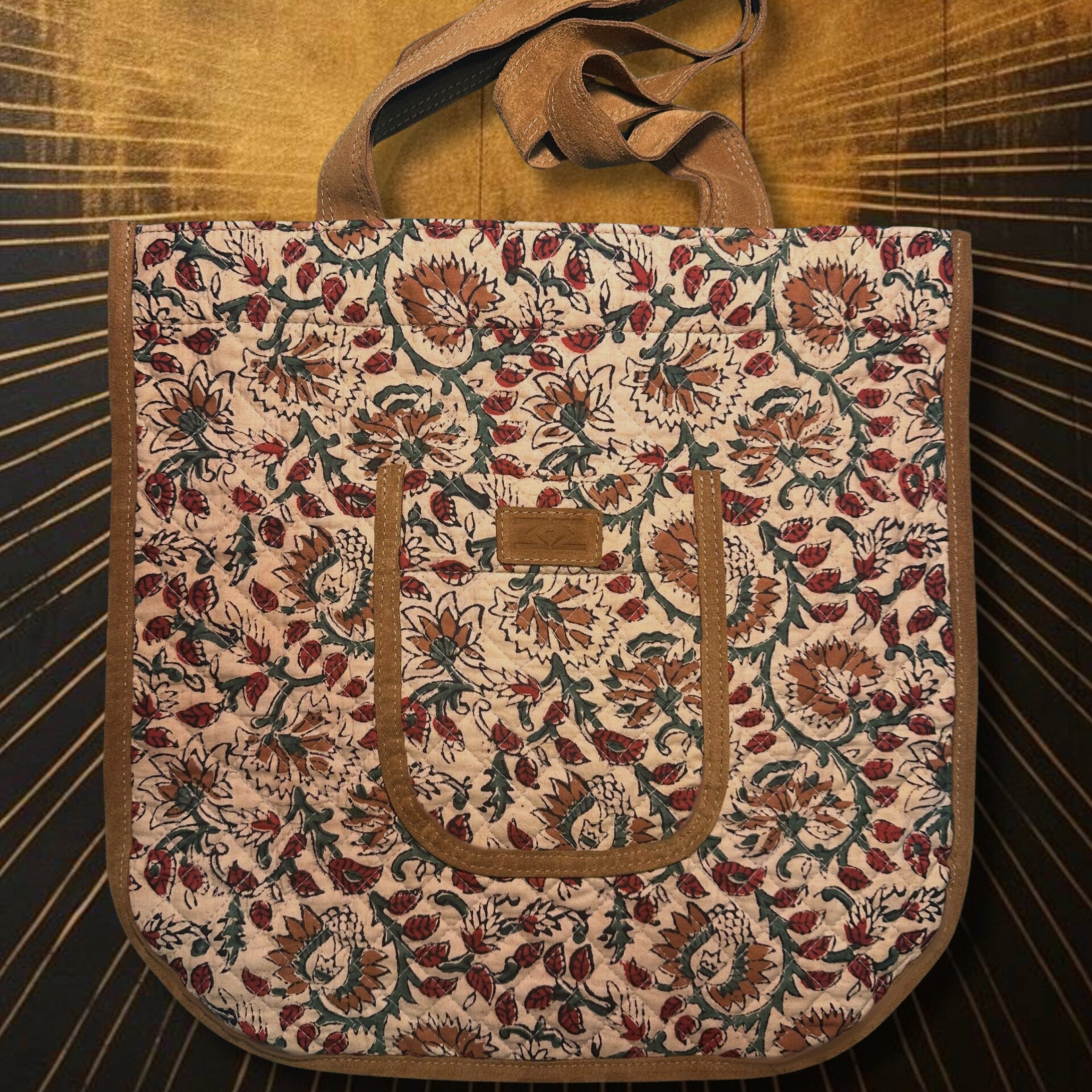 Mon Tote Bag en tissu matelassé indien imprimé à la main et cuir velours tabac