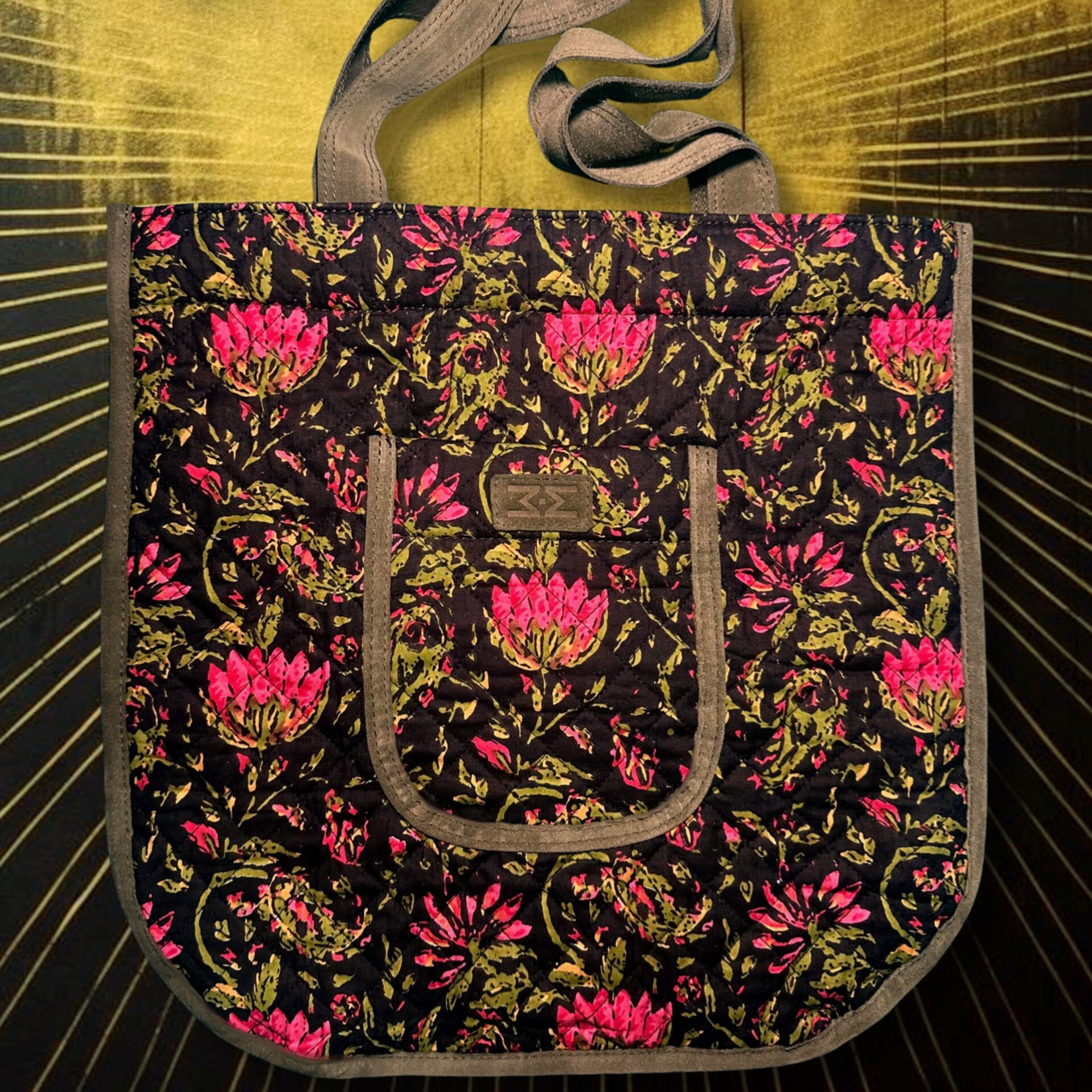 Mon Tote Bag en tissu matelassé indien imprimé à la main et cuir velours kaki