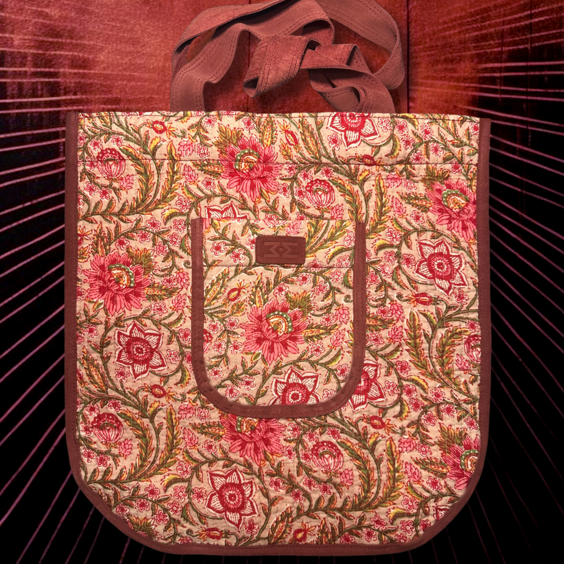 Mon Tote Bag en tissu matelassé indien imprimé à la main et cuir velours grenat