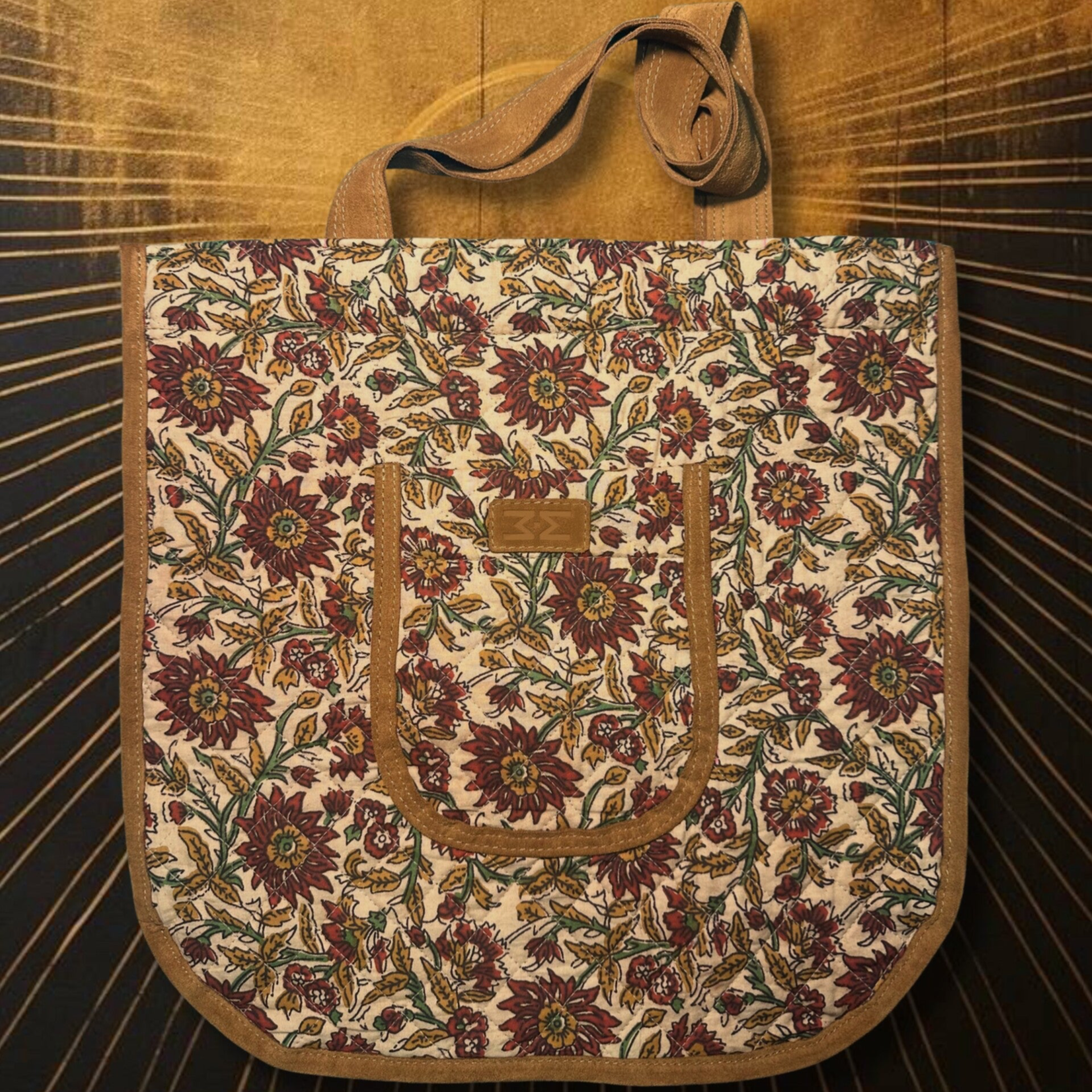 Mon Tote Bag en tissu matelassé indien imprimé à la main et cuir velour tabac