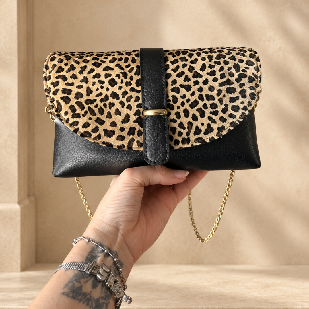 Sac Verso cuir lisse / cuir poils impression guépard