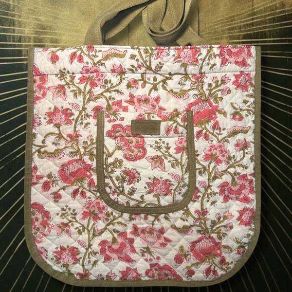 Mon Tote Bag en tissu matelassé indien imprimé à la main et cuir velours lichen