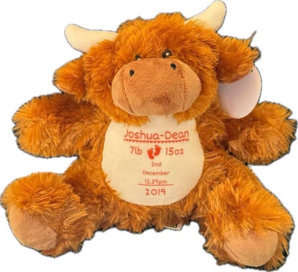 Personalised Soft Teddy - Highland Cow - Birthday - Christening - Christmas -  Birth