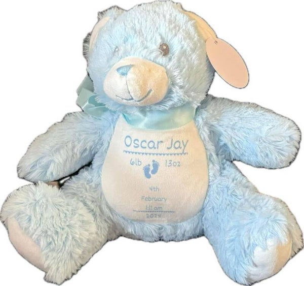 Personalised Soft Teddy - Blue Bear - Birthday - Christening - Christmas -  Birth