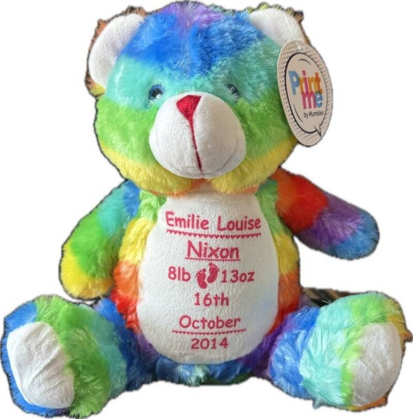 Personalised Soft Teddy - Multi Coloured Bear - Birthday - Christening - Christmas -  Birth