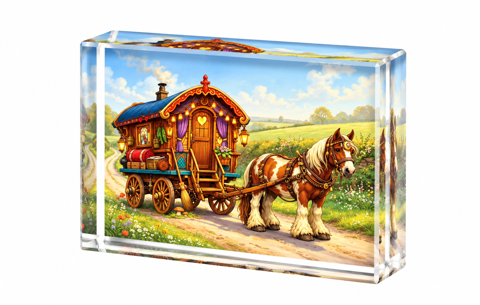 Gypsy Horse and Living Wagon - Crystal Rectangle Image Block Square Corners