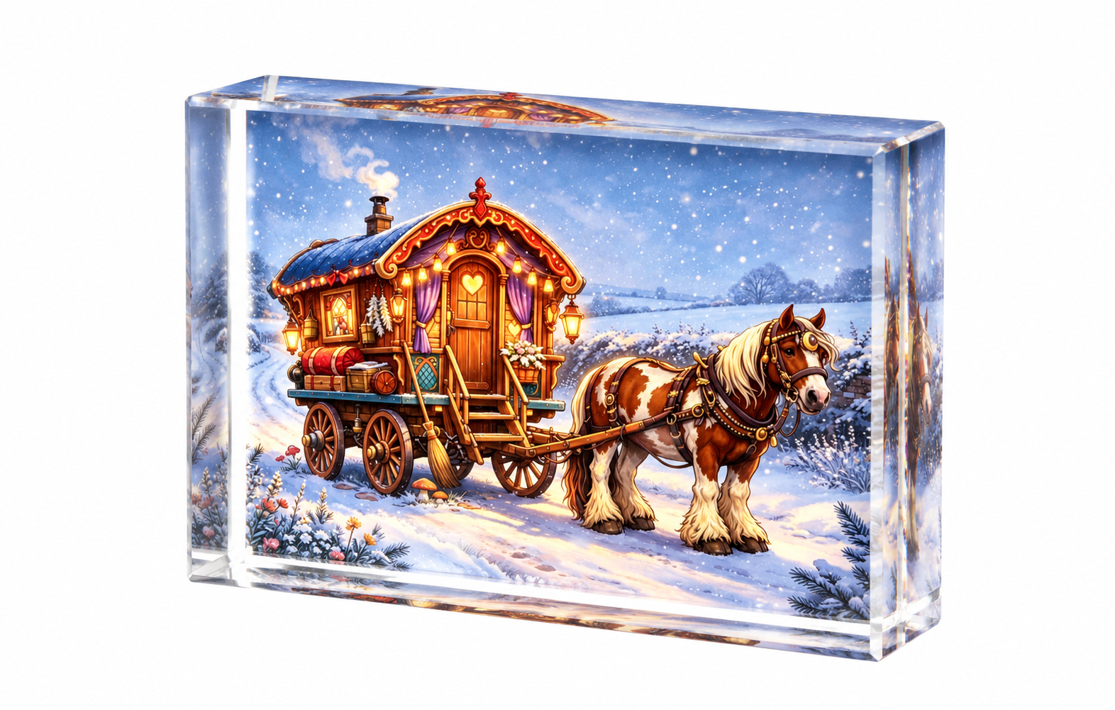 Gypsy Horse and Living Wagon Christmas - Crystal Rectangle Image Block Square Corners