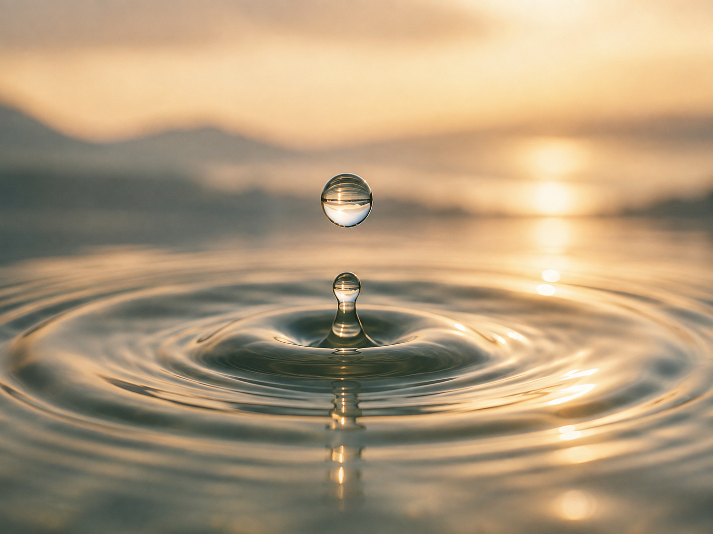 Wassertropfen über einer ruhigen Wasseroberfläche im Morgenlicht.