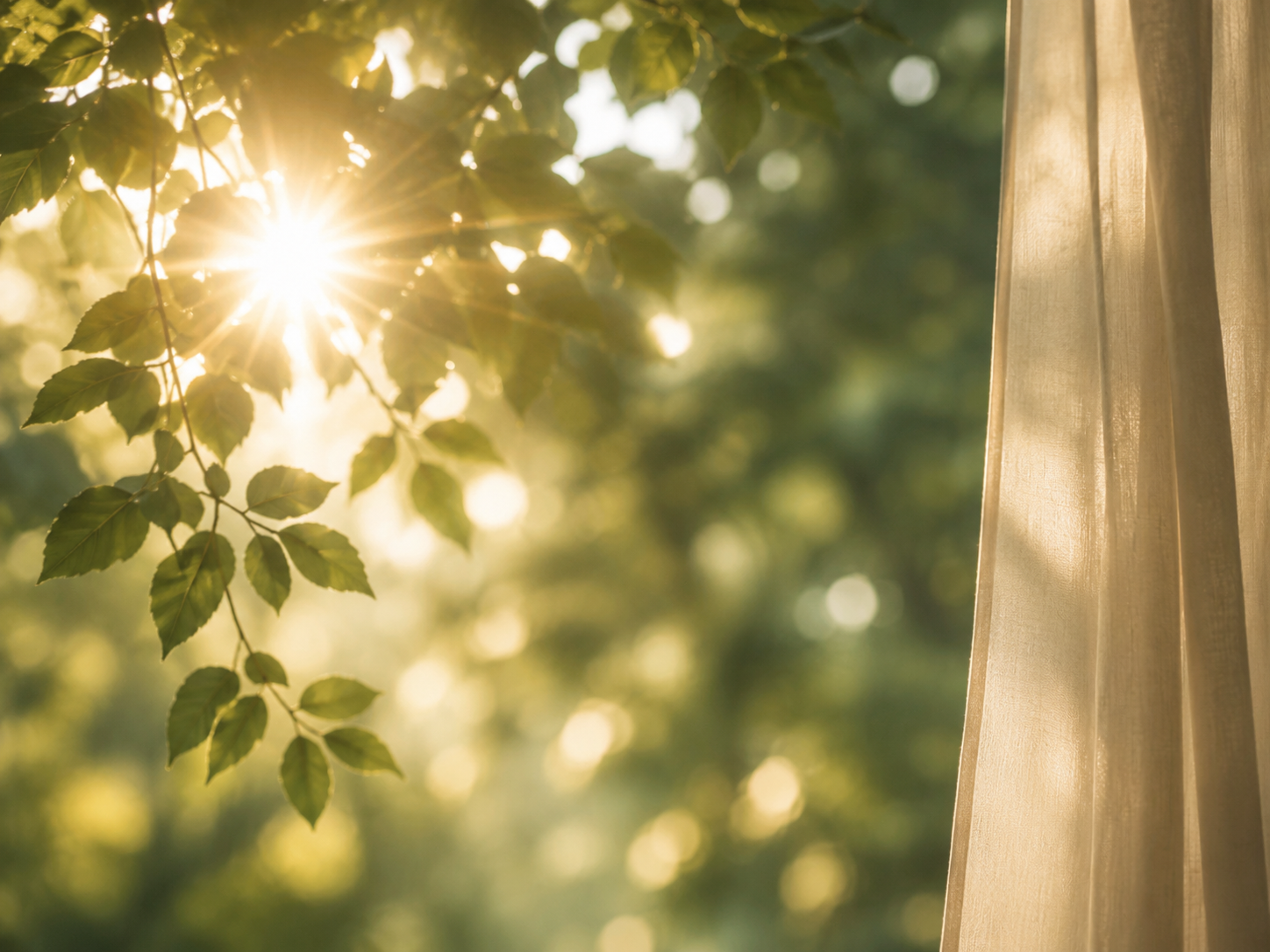 Sonnenlicht fällt durch grüne Blätter neben einem hellen Vorhang.