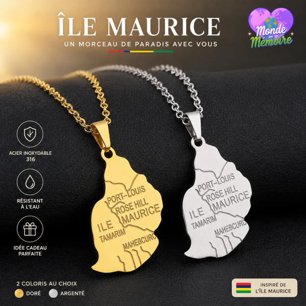 Collier Île Maurice 🇲🇺 – Carte de l’île en Acier Inoxydable