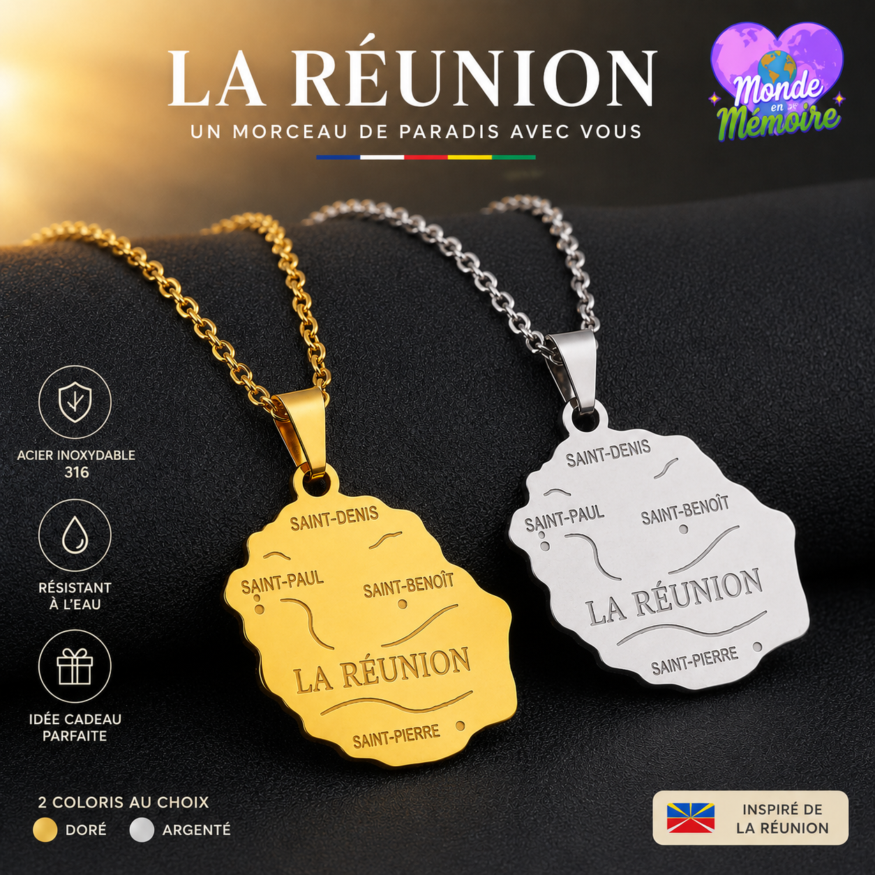Collier La Réunion 🇷🇪 – Carte de l’île en Acier Inoxydable