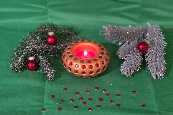 Teelichthalter gold mit roten Strasssteinen