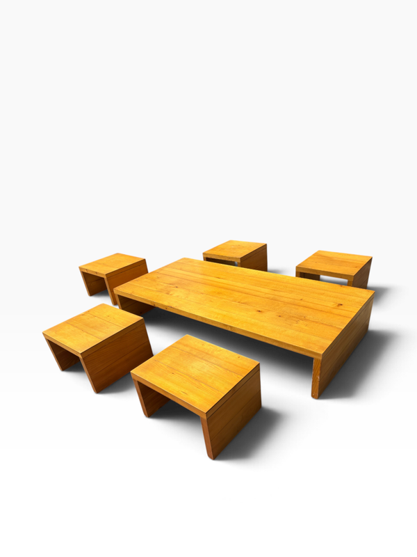 Pine low table and 5 pine stools, 1970s
