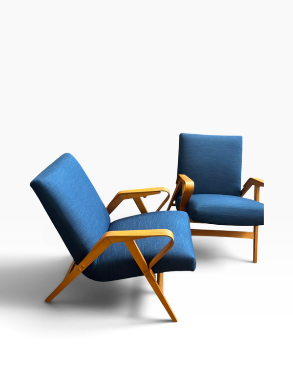 Set of 2 restored blue lounge chairs by František Jirák for Tatra Nabytok