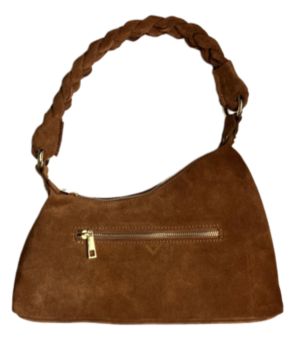 Suede handtas met gevlochten draagriem
