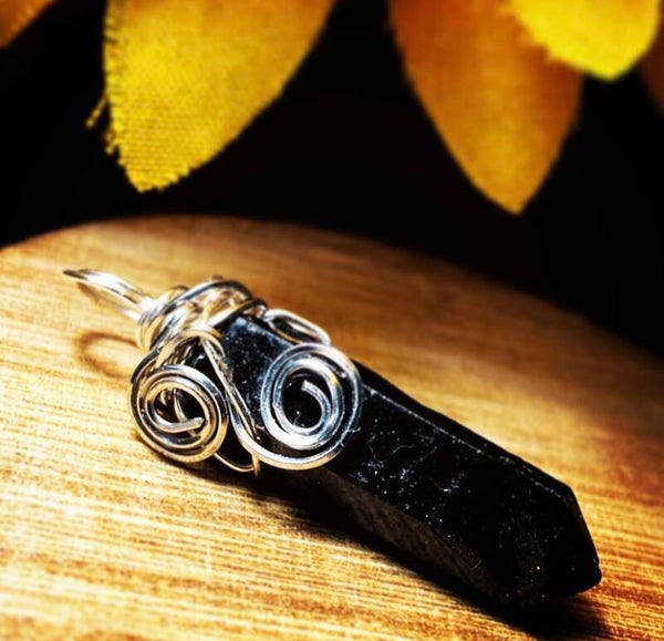 Silver Wire-Wrapped Black Crystal Point Pendant