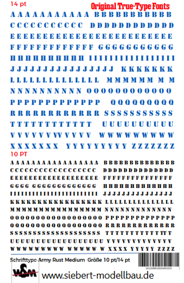 Decal Schrifttype "Army Rust Expandet" Schriftgröße 10 pt und 14 pt Blau Schwarz
