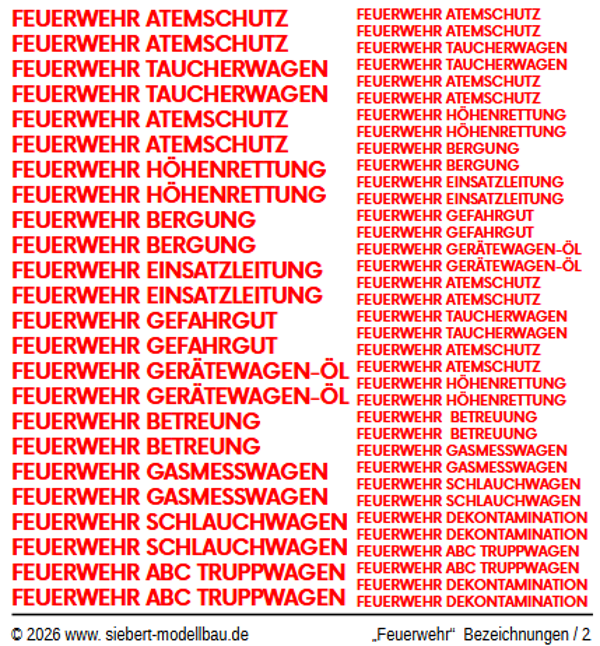 Diverse Feuerwehr Fahrzeug Beschriftungen