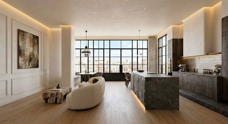 VÉRTICE Urban Loft cocina isla mármol lámparas cristal soplado madera oscura envejecida loft lujo urbano