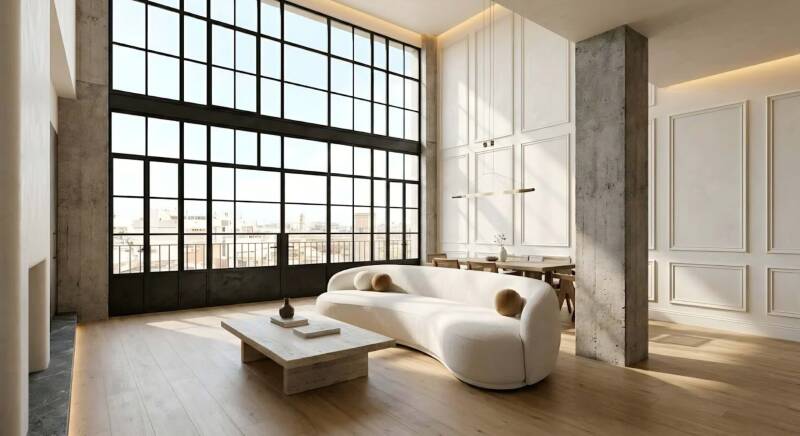 VÉRTICE Urban Loft salón doble altura ventanales industriales acero negro columnas hormigón visto diseño interior lujo