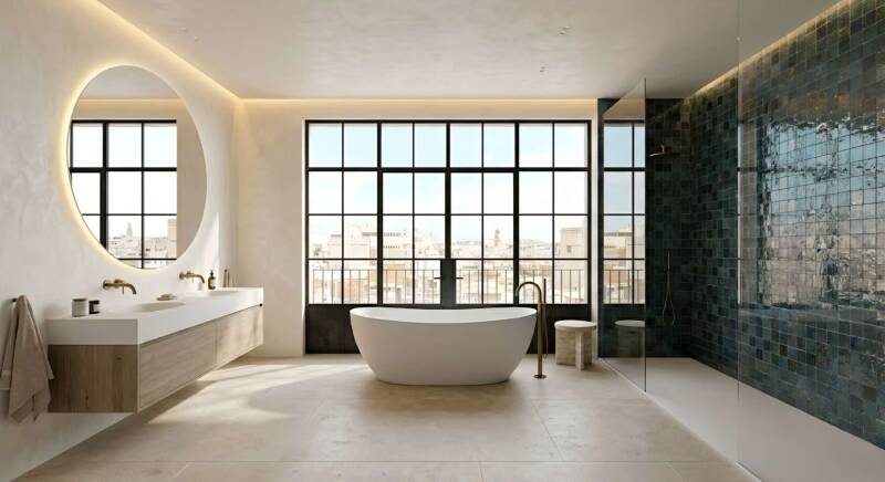 VÉRTICE Urban Loft baño bañera exenta azulejo artesanal azul griferías latón loft lujo