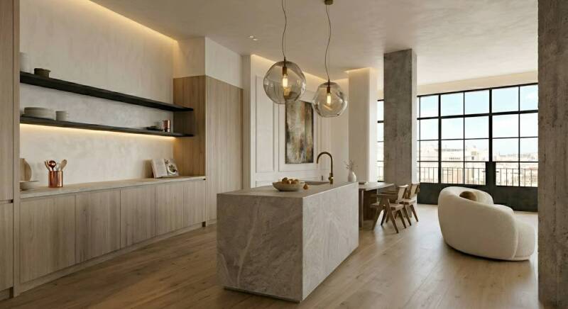VÉRTICE Urban Loft espacio abierto cocina salón vistas ciudad loft industrial elegante diseño interiores