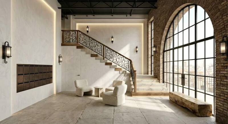 VÉRTICE Urban Loft hall entrada escalera forja artesanal arco ladrillo visto ventanal monumental loft de lujo