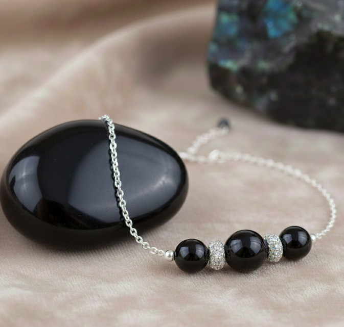 Bracelet 3 perles rondes Onyx 6/8 mm - Argent rhodié