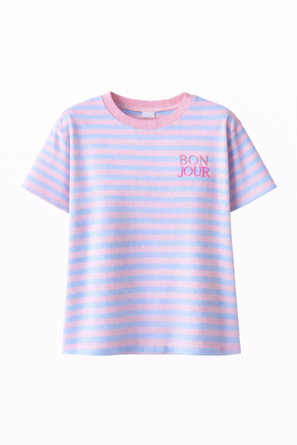 Bonjour Stripe Tee Roze/Blauw