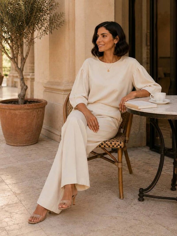Blouse in crêpe ronde hals crème