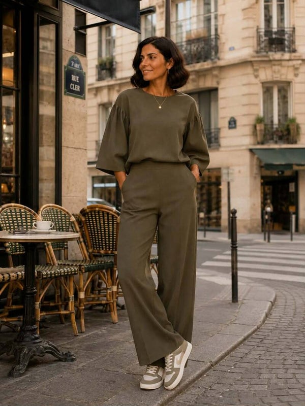 Broek in crêpe flared kakhi