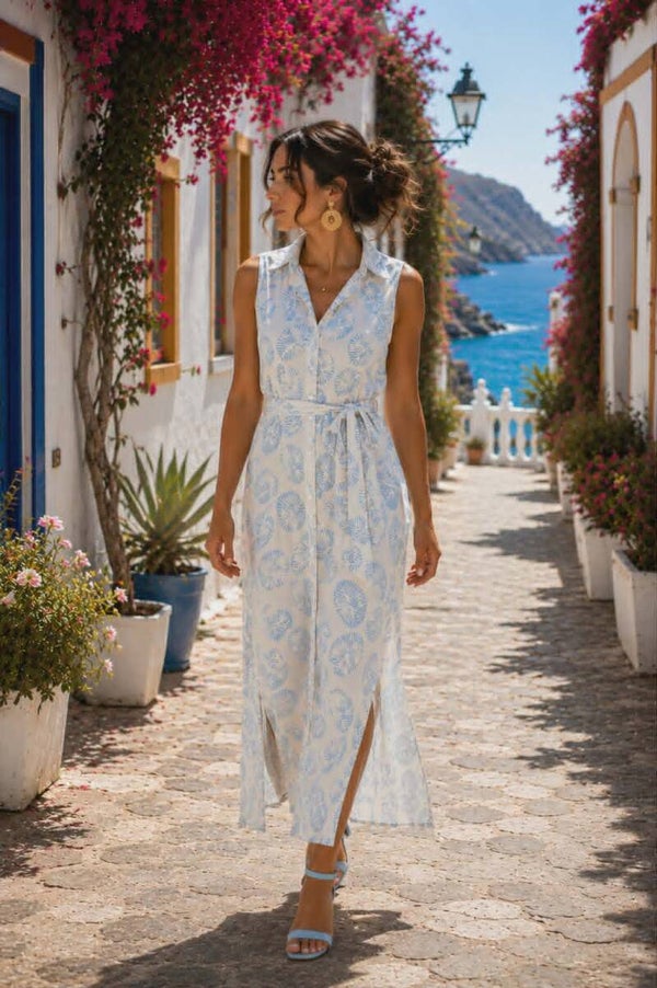 Jurk wit met lichtblauwe print
